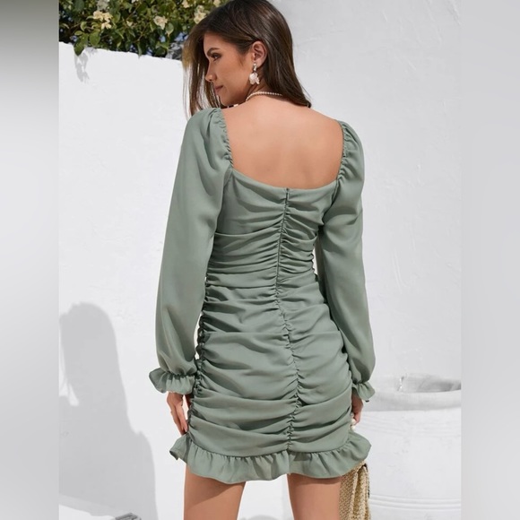 Frenchy Flounce Sleeve Zip Back Ruched Ruffle Hem Dress - Picture 5 of 6